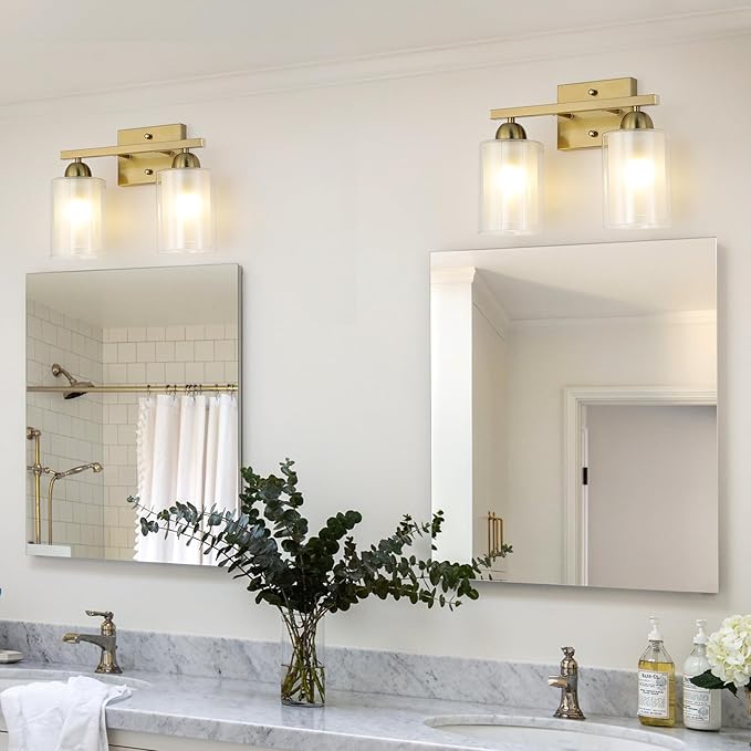 Stainless Steel Bathroom Vanity Light Over Mirror, 2 Light Brushed Gold Bathroom Light Fixtures with Milk Glass and Clear Glass Shades, Modern Vanity Lighting Wall Mount