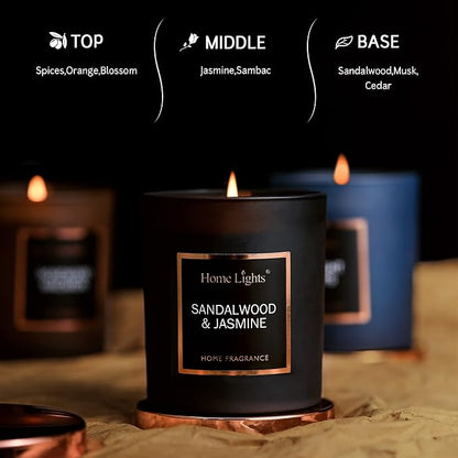 HomeLights Luxury Scented Candle, Natural Soy Wax, Home Fragrance Decor Gift, Sandalwood & Jasmine, Medium Jar