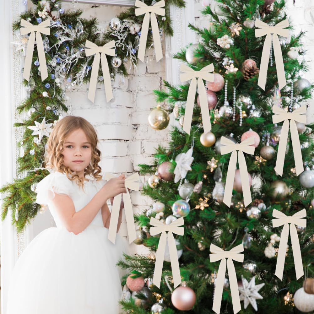 JOICEE 15Pcs Velvet Bows for Christmas Tree, Christmas Wreath Bows Rustic Crafts Gift Bows Velvet Ribbon Bows for Xmas Home Garland Decorations Holiday Wedding Outdoor Indoor Decor(Beige)