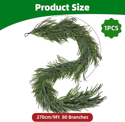 9 Ft Norfolk Pine Christmas Garland - Artificial Faux Pine Needles Real Touch Winter Garland - Indoor/Outdoor Holiday Greenery Garlands for Fireplace Mantle, Staircase, Window Decor