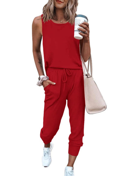 PRETTYGARDEN Women's Two Piece Outfit Sets Casual Summer Sleeveless Matching Lounge Wear Spring Travel Clothes Tracksuit (Red,Medium)