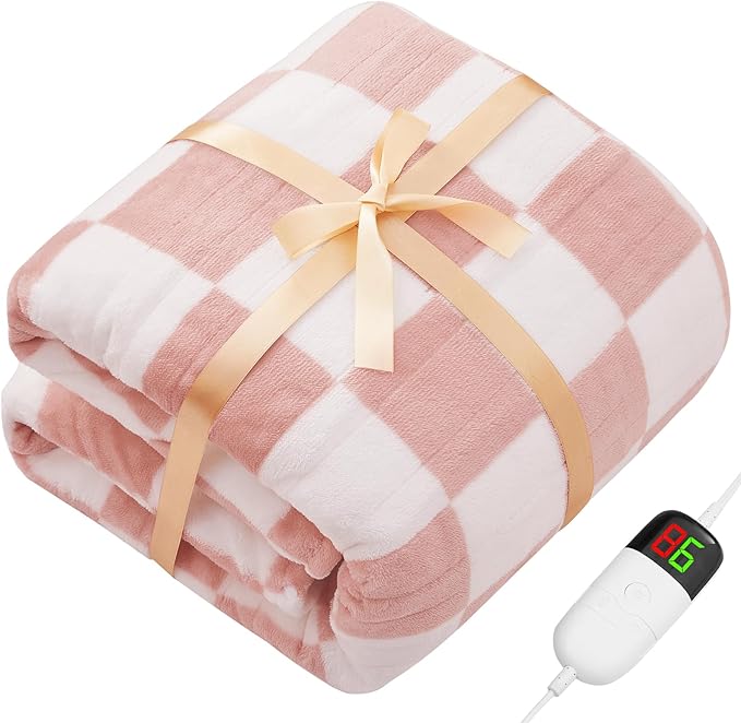 Light Pink Heated Blanket Electric Twin Size, 62X84 Heating Blanket with 10 Heat Levels & 8 Hours Auto Off, Checkered Plaid Soft Fleece Sherpa Blankets Warmer Gifts for Couch Grandma Women Adults