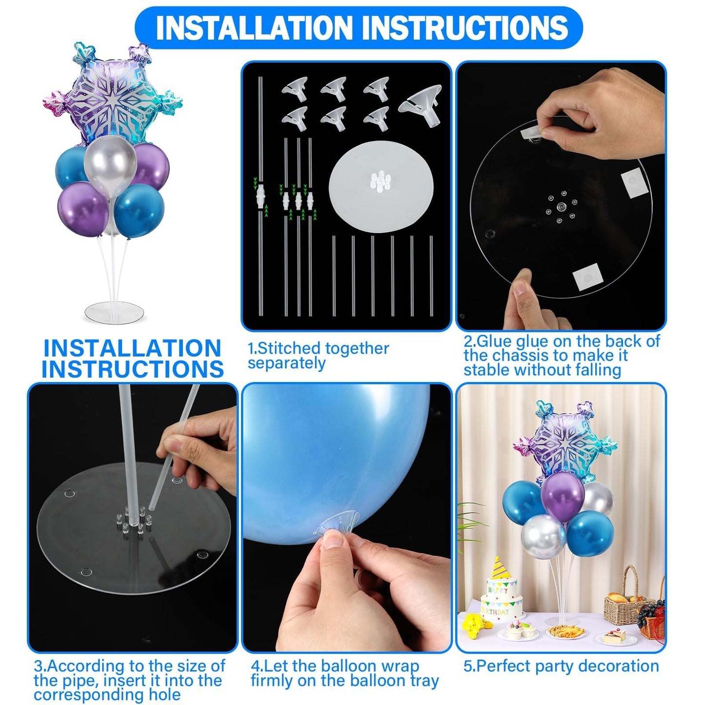 Snow Birthday Party Balloons Stand Kit 2 Sets With Snowflake Foil Balloons for Winter Wonderland Girl Princess Birthday Party Themed Decorations - Balloon Centerpiece for Tables