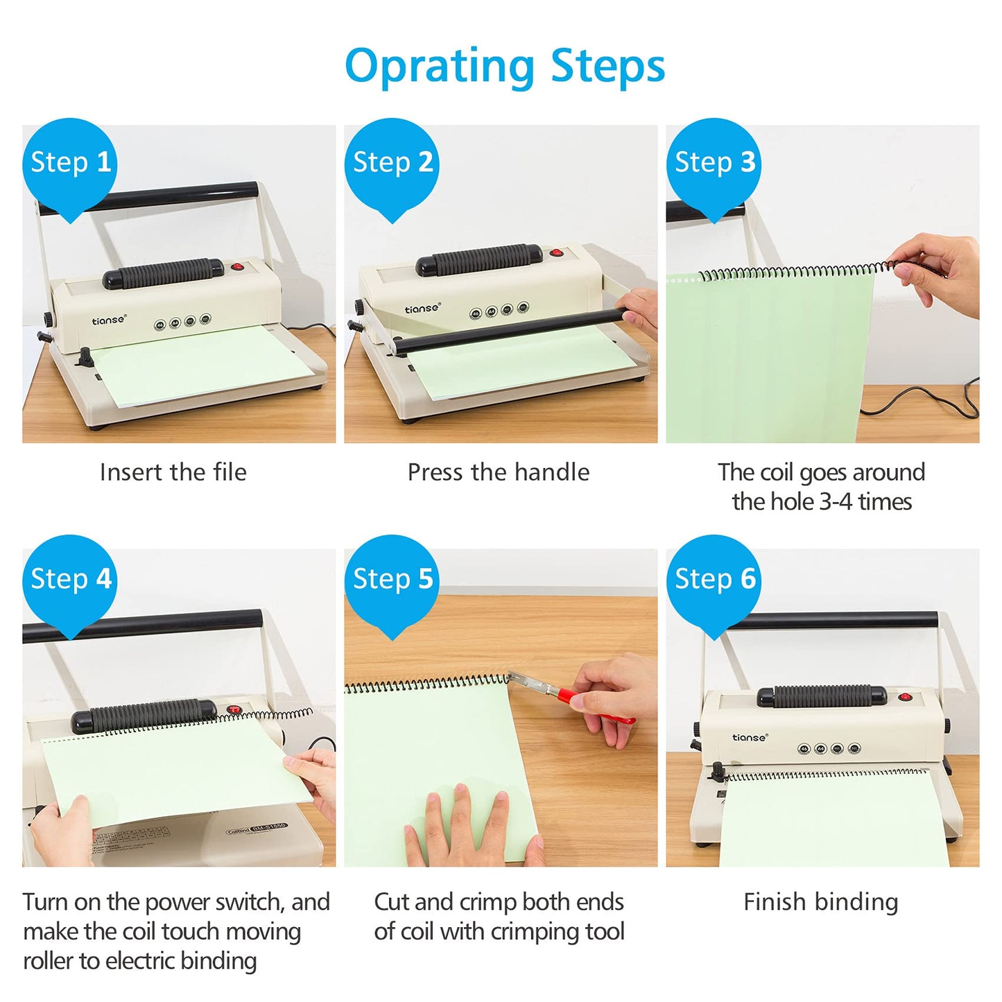 TIANSE Coil Binding Machine, Electric Coil Inserter, Manual Round Hole Punch, 15 Sheets Punch Capacity, Perfect for Letter Size / A4 / A5, Comes with 100pcs 5/16'' Plastic Coil Binding Spines & Plier