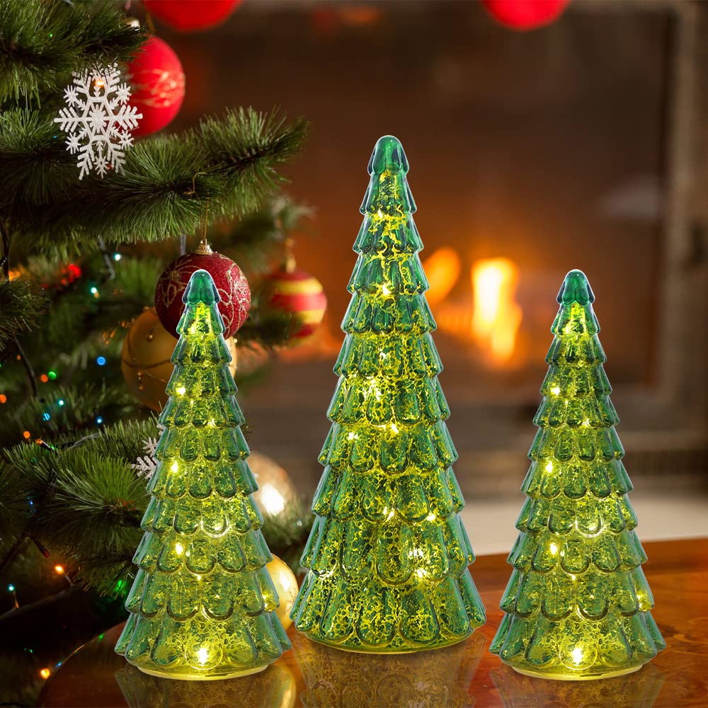 PHITRIC Christmas Decorations Indoor, 3 pcs Sparkling Glass Christmas Tree with LED Lights and Timer, Tabletop Christmas Tree Decor, Xmas Tree Decorations for Living Room, Fireplace, Table, Home