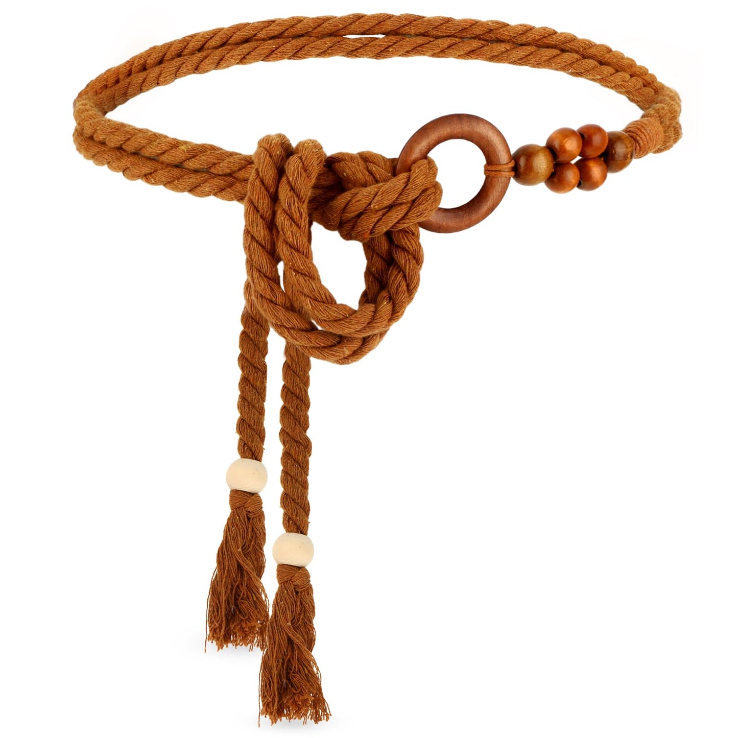 TIESOME Women's Tassel Braided Waist Belt, Skinny Woven Belt for Dress Waist Belt Rope Chain with Woven Wooden Beads for Women Girls Godness (Brown)