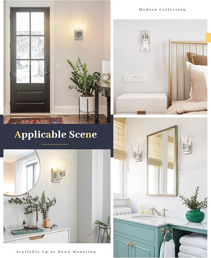 EAPUDUN Bathroom Light Fixtures, Modern Farmhouse 1-Light Bathroom Vanity Light Fixtures, Indoor Wall Lamp in Brushed Nickel Finish, Clear Glass Shade Wall Sconces, WLA1395-BNK
