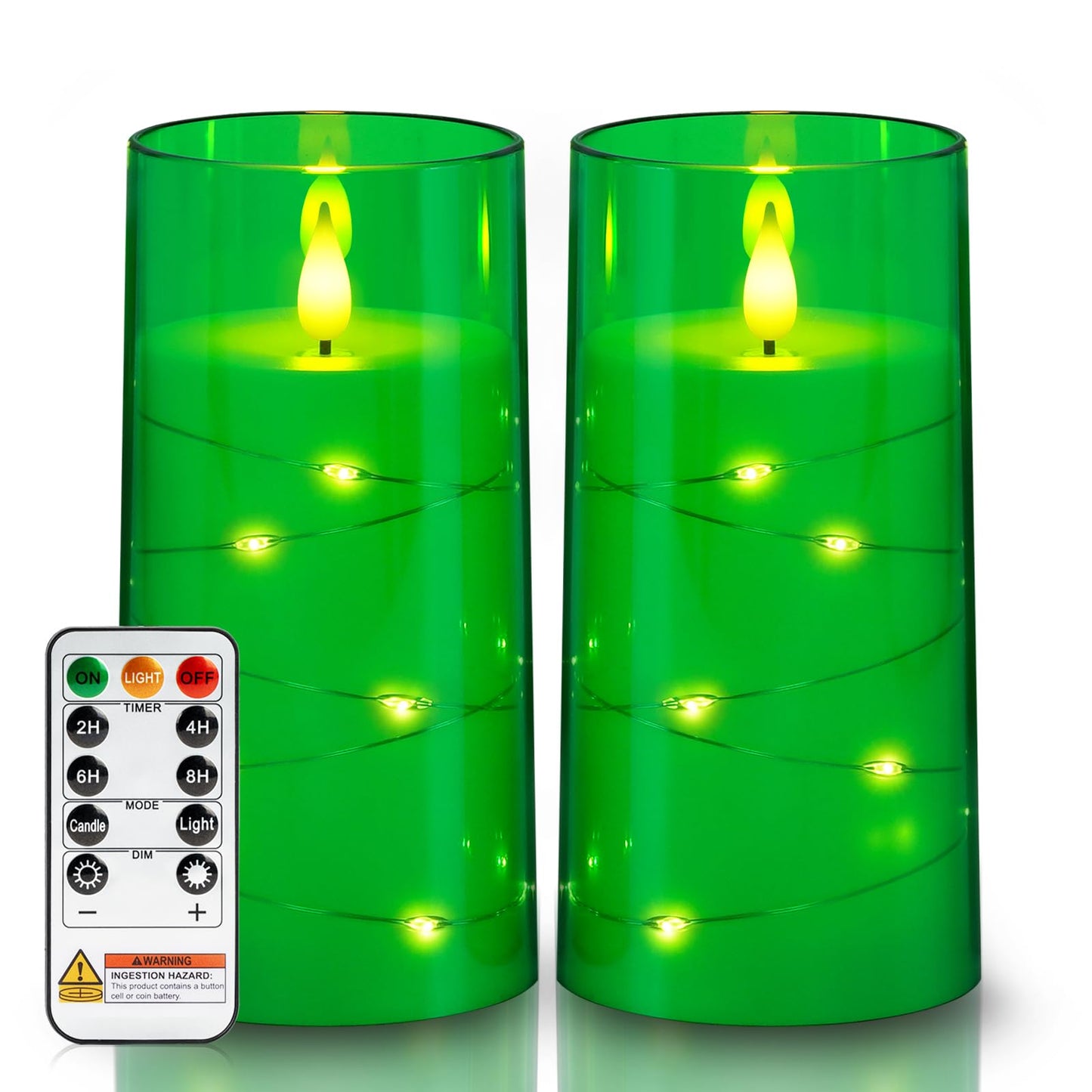 Homemory St. Patrick's Day Flameless Candles with Embedded Star String Fairy Lights, Green Battery Operated Candles, LED Candle, Fake Candles with Remote Control and Timer, Set of 2(H 6" 6")