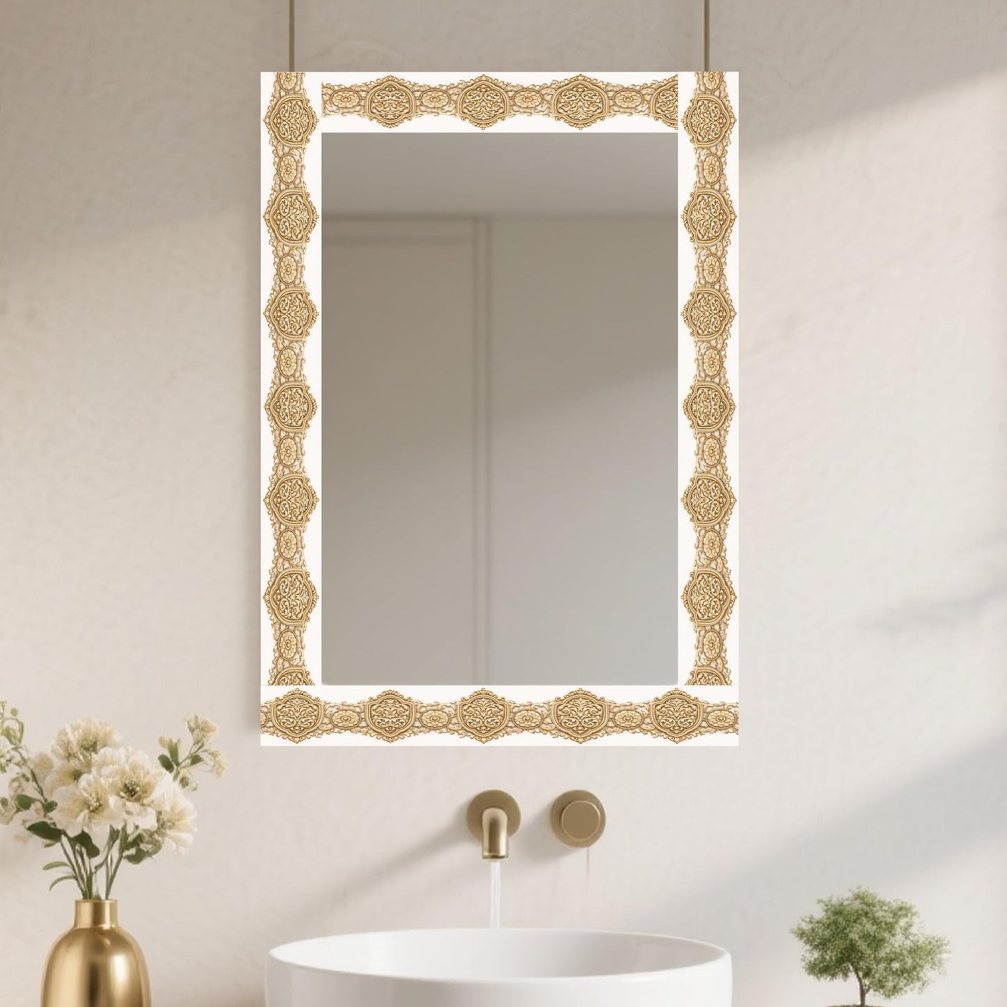 Nuxovilar Wallpaper Border Peel and Stick 3.94x16.4Ft PVC Removable Self-Adhesive Bathroom Kitchen Living Room (Gold Ornate Floral Relief Pattern)