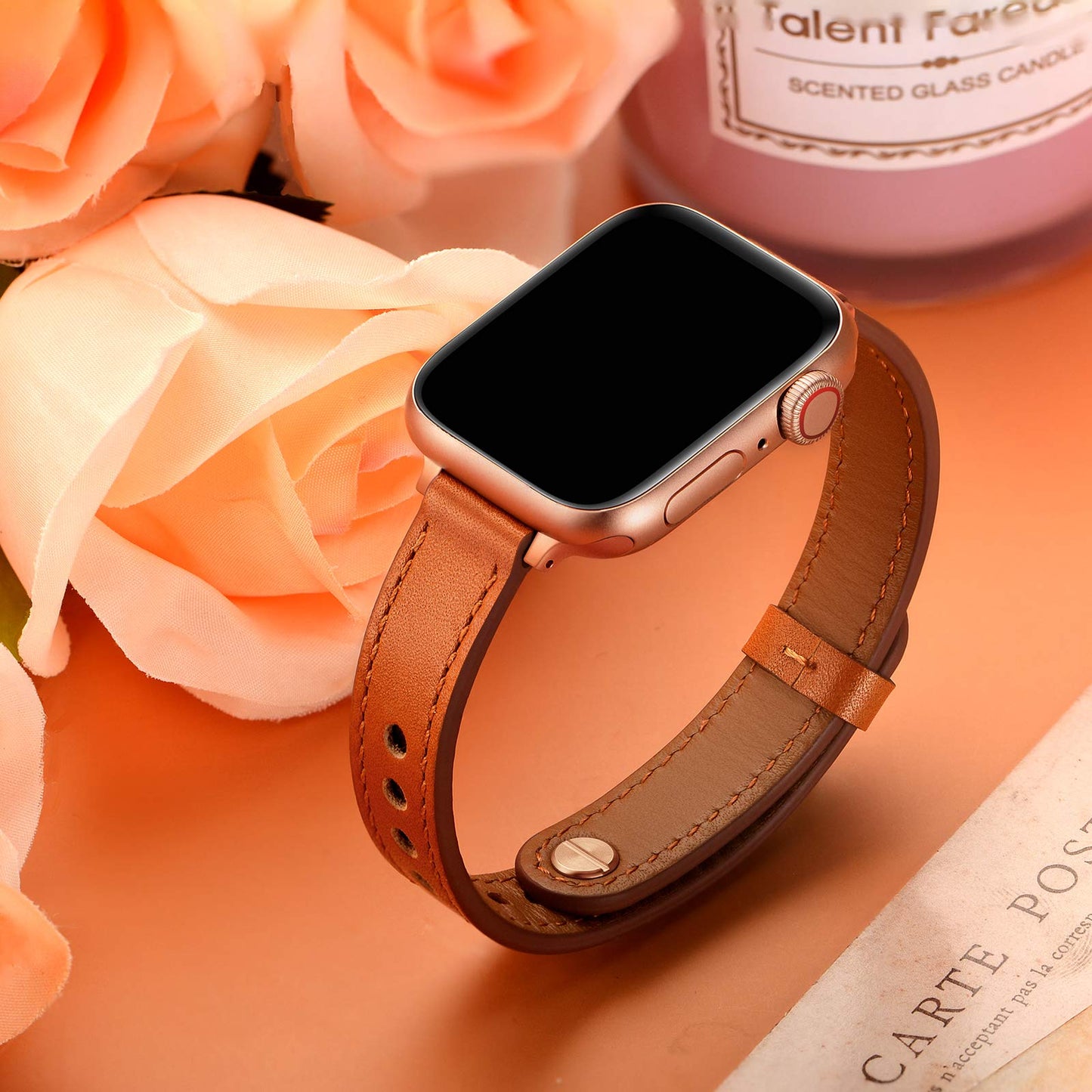 OUHENG Slim Bands Compatible with Apple Watch Band 42mm 41mm 40mm 38mm, Women Genuine Leather Replacement Thin Strap for iWatch SE 3/2/1 Series 11 10 9 8 7 6 5 4 3 2 1 (Brown/Rose Gold)