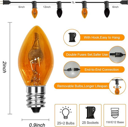 Halloween Orange Purple Lights Outdoor, 25FT C7 Halloween Flickering Flame String Lights with 27 Flame Bulbs, Hanging Patio Lights Waterproof Connectable for Patio Garden Yard Roofline Party Decor