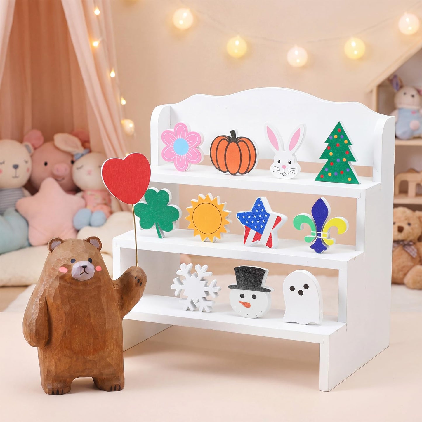 Novabright 13 Pcs Interchangeable Seasonal Tabletop Sign 4th of July Wooden Brown Bear Decor Mini Standing Signs Farmhouse Convertible Holiday Wood Welcome Sign for Summer Independence Day Table Decor