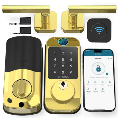 Keyless Door Lock with Handle Set - SMONET WiFi Fingerprint Smart Locks for Front Door, App Remote Control, Digital Bluetooth Keypad Deadbolt Set with Alexa, Auto Lock, Code, Fobs for Home Black