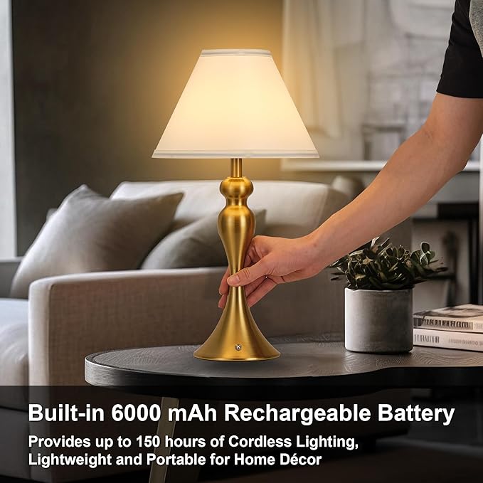 Cordless Bedside Lamp for Living Room, Table Lamp for Bedroom, 3-Way Dimmable Nightstand Lamp with Fabric Shade, Rechargeable Touch Led Desk Lamp Battery Operated Lamp for Dorm, Home Office (Brass)