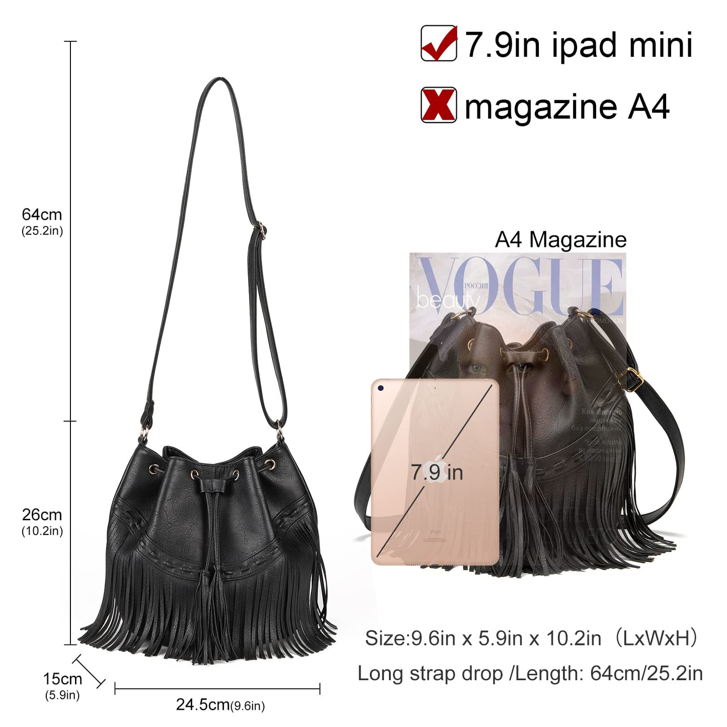 Leather Bucket Bags for Women Crossbody Fringe Purses with Drawstring Ladies Tassel Hobo and Shoulder Handbags Black