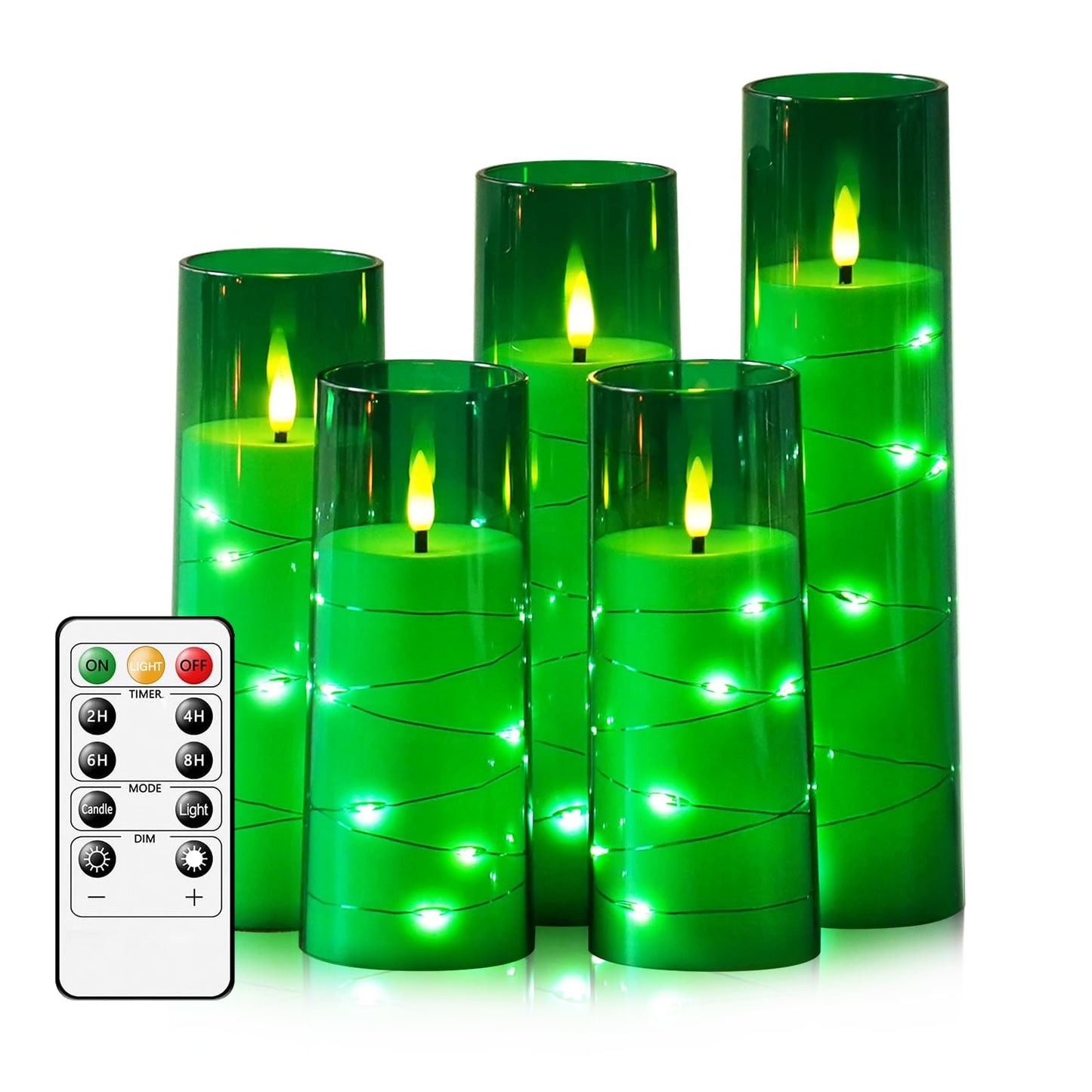 kakoya Flameless LED Candles with Timer 5 Pc Flickering Flameless Candles for Romantic Ambiance and Home Decoration Stable Acrylic Shell,with Embedded Star String，Battery Operated Candles（Green）