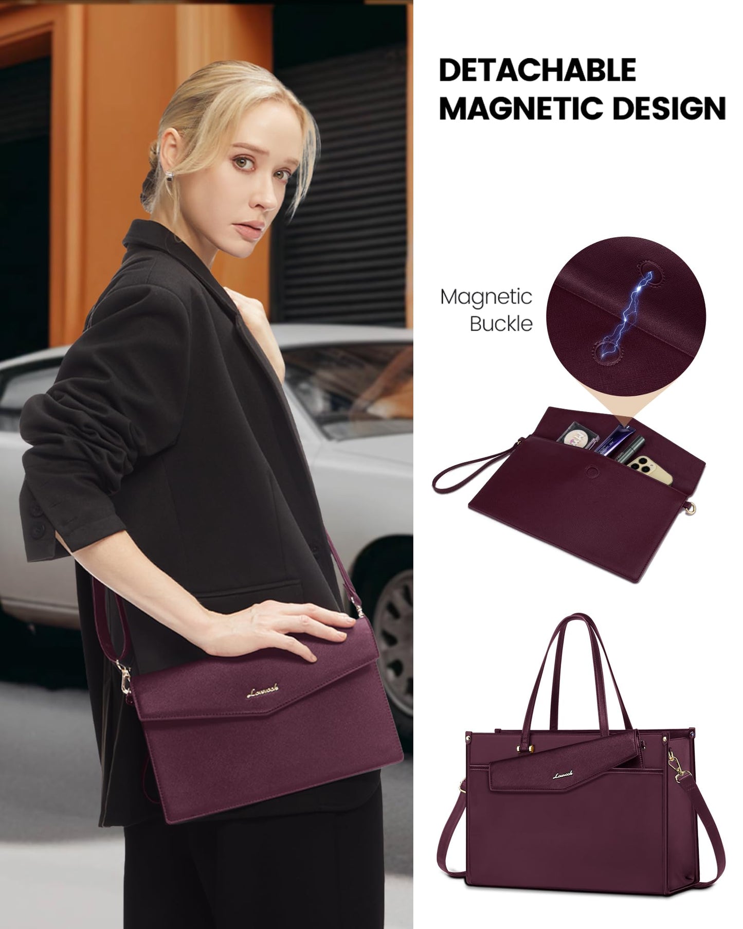 LOVEVOOK Laptop Bag for Women, 15.6'' Laptop Tote Purse 2-in-1 Professional Work Bag Business Briefcase with Clutch Purse, Waterproof Leather Computer Handbag for Teacher Office Travel