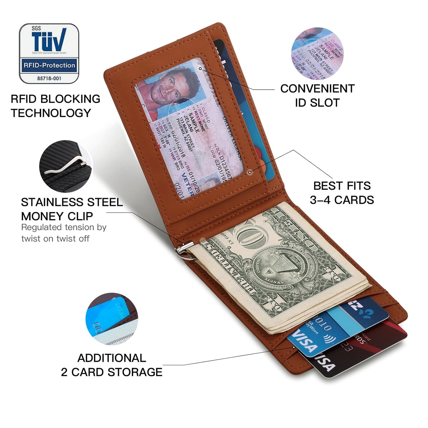 RUNBOX Slim Money Clip Wallets for Men RFID Blocking 8 Card Holder Minimalist Small Thin Carbon Leather Bifold Mens Front Pocket Wallet Gift Box(Desert Brown)