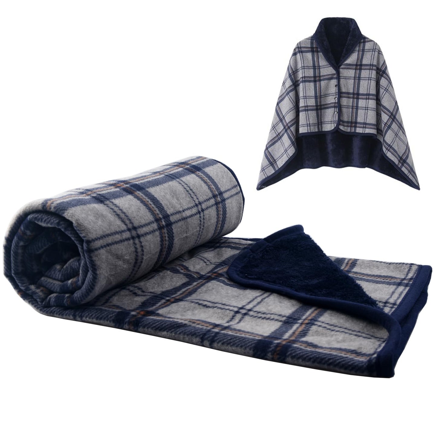 forestfish Fleece Wearable Blanket, Plaid Lap Blanket Comfy Poncho Throw with Buttons for Bed Sofa Office, Navy-Gray