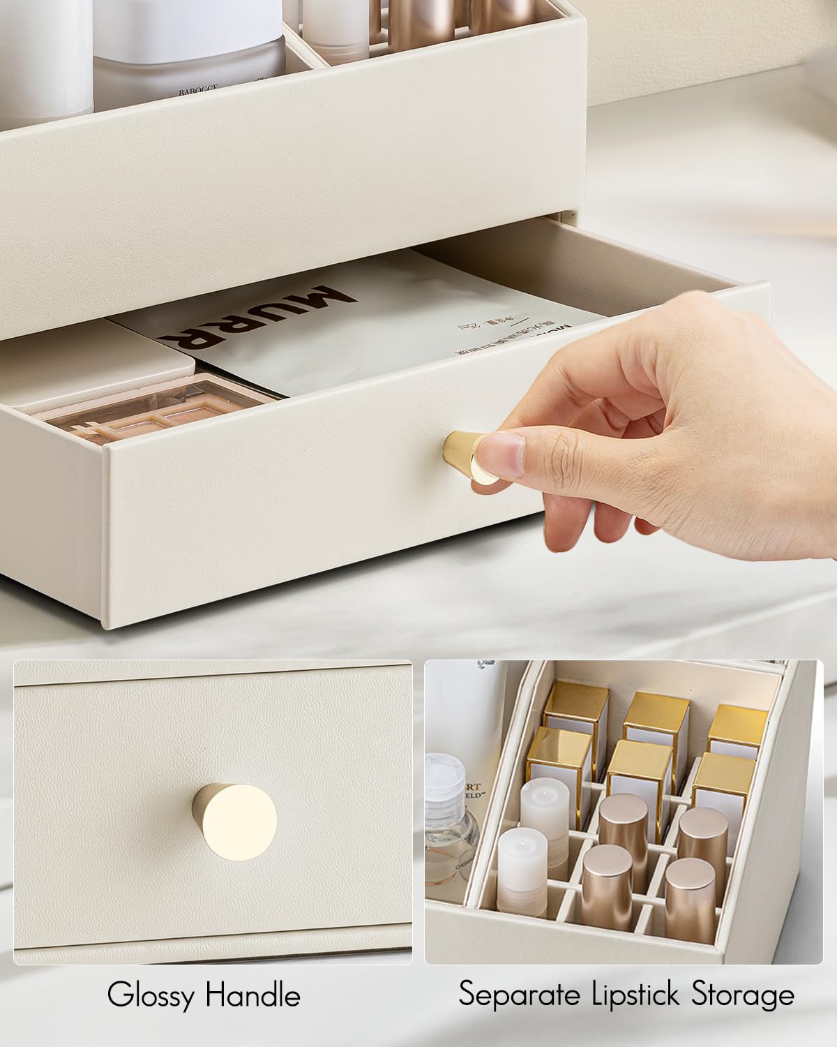 VLANDO Makeup Organzier,Vanity Organizer with Drawers, PU Leather Skincare Organizer Perfume Organizer,Large Cosmetic Display Case for Lipstick,Brushes Gifts for Women-Beige