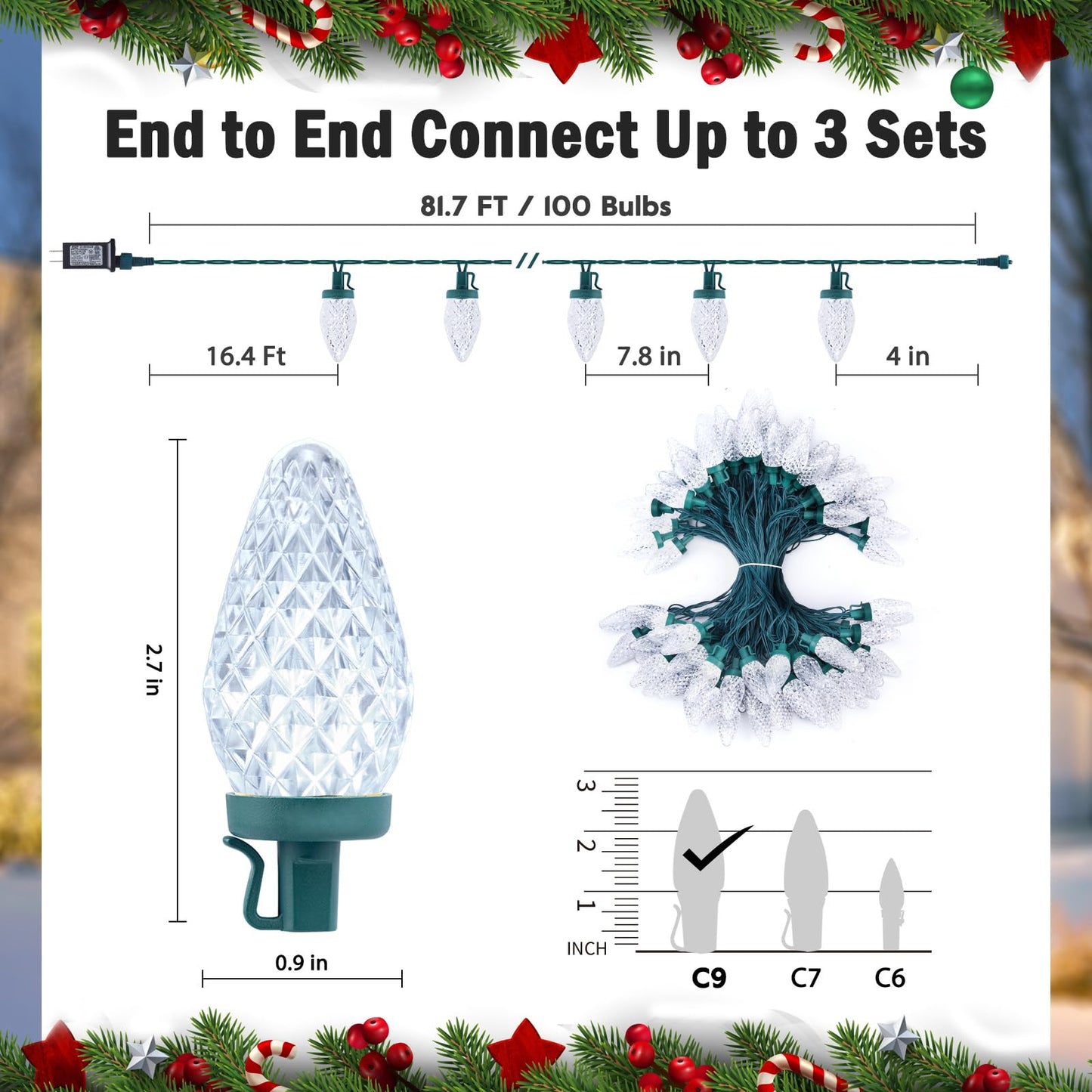 Minetom C9 LED Christmas Lights Outdoor, 81FT 100 LED C9 String Lights, Waterproof, Connectable, 8 Modes, with Timer & Memory Function for Tree Home Yard Party Indoor Outside, Cool White