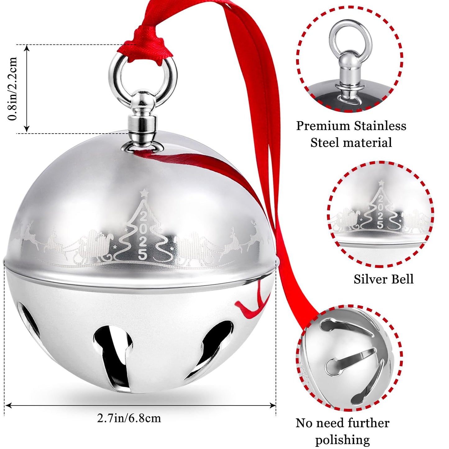 2025 Christmas Bell Ornaments for Christmas Tree, Sleigh Bell Decoration Silver Bell Ornament Anniversary Keepsake Engraved Holiday Bell