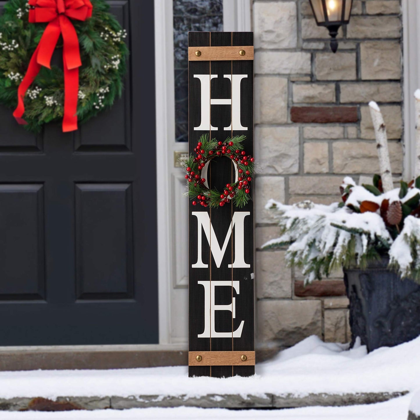 Glitzhome 42" Wooden Welcome Home Porch Sign with Interchangeable Wreaths for Front Door Vertical Farmhouse Standing Home Sign Hanging Wall Sign for Year Spring Fall Thanksgiving Christmas