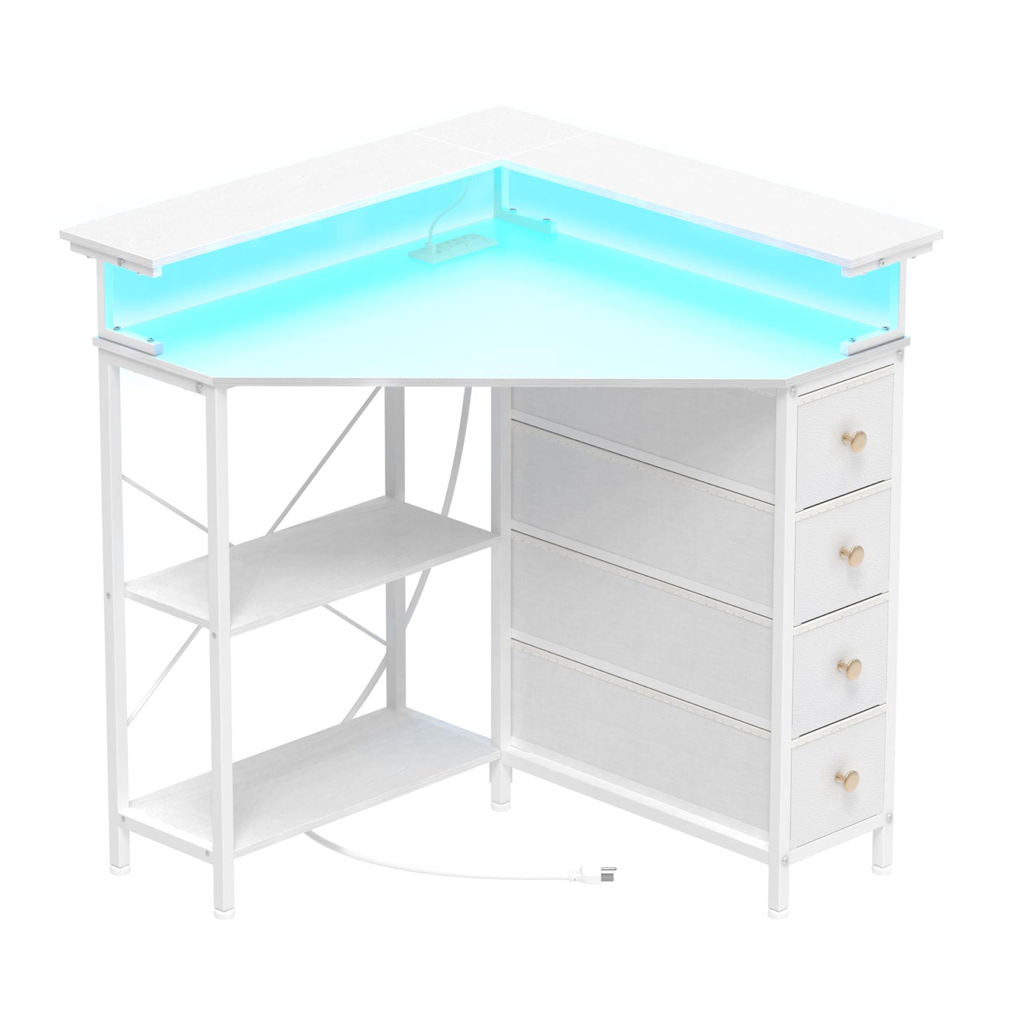 VENNQD Corner Desk with Drawers Shelves for Small Space 90 Degrees Triangle Computer Desk with Power Outlets,Gaming Desk with LED Lights Monitor Stand for Home Office Workstation Writing Table (White)