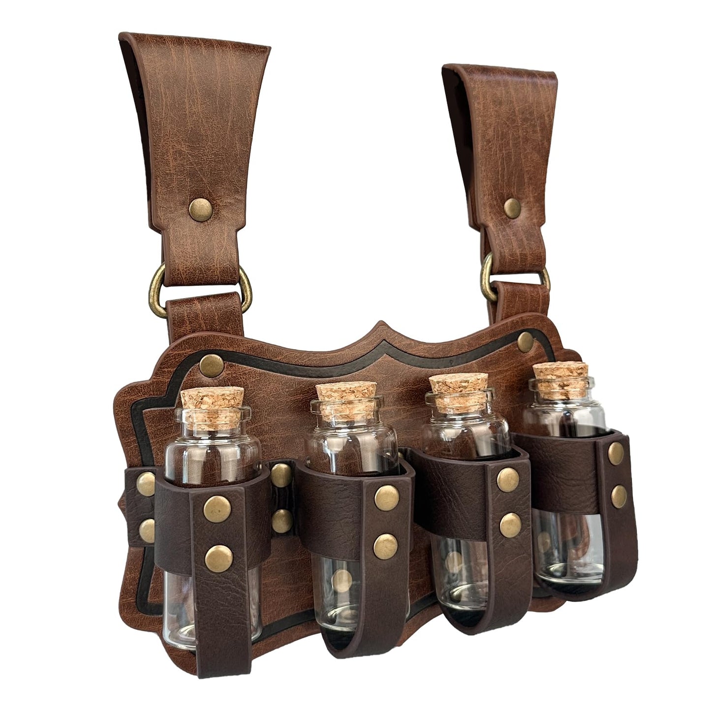 HiiFeuer Medieval Embossed Alchemy Faux Leather Buckle Belt with 4 Cork Vials, Fantasy Wizard Potion Bottles Belt (Brown B)
