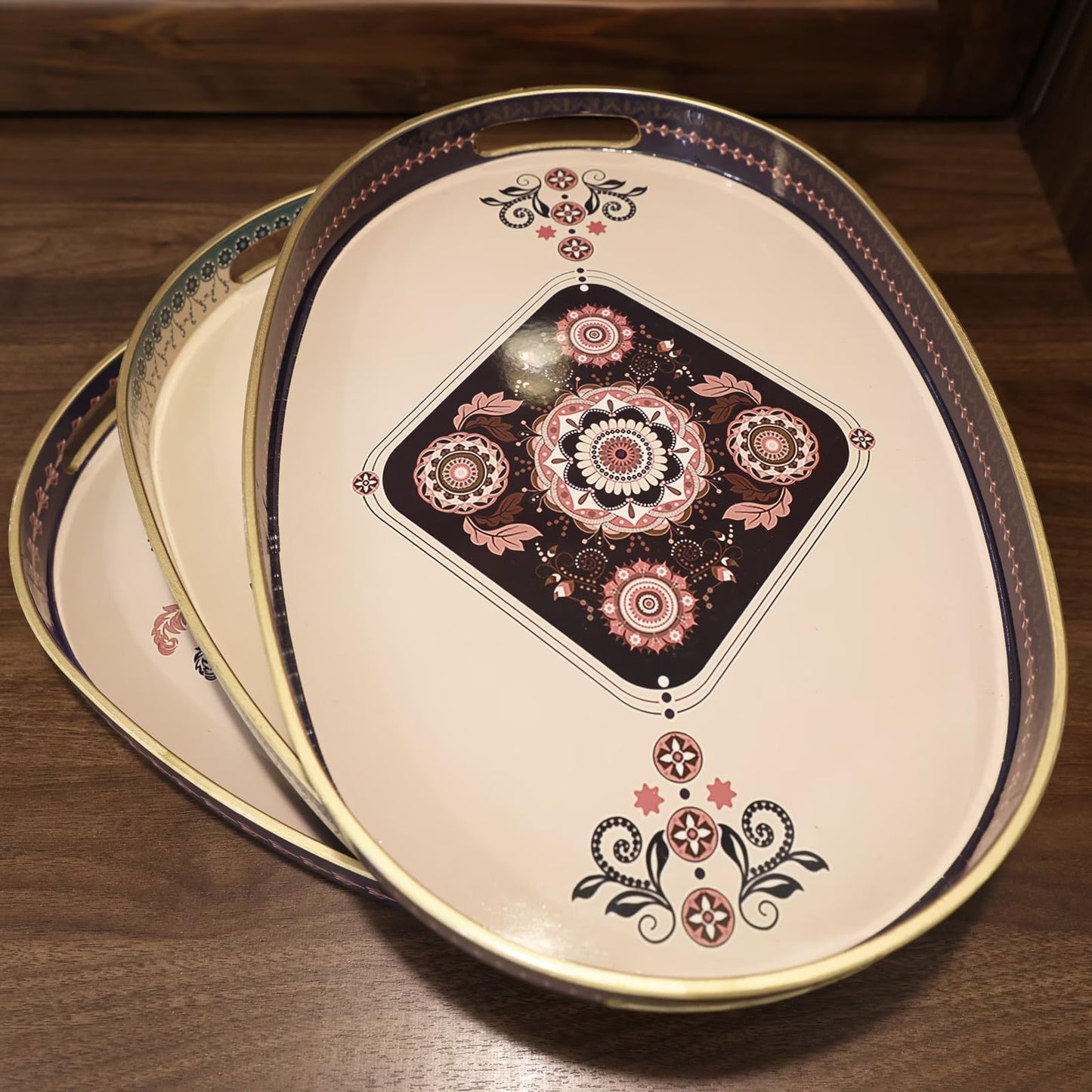 Omuriko Oval Plastic Serving Tray with Handles, Elegant Decorative Tray for Coffee Table, Ottoman, Living Room, Kitchen, Outdoor Use. 10"*16"*1.4" C