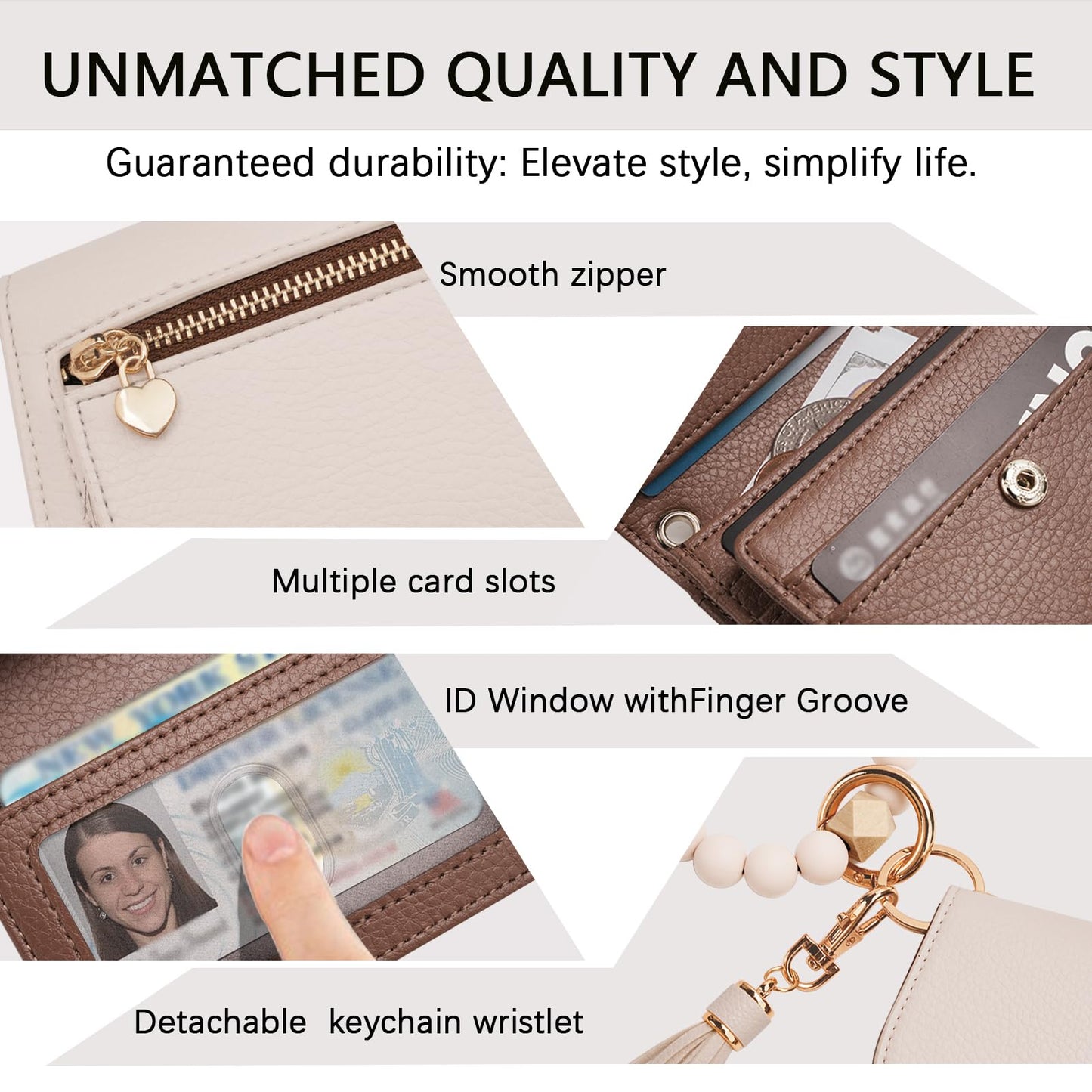 Sunpour Keychain Wallet RFID Wristlet Wallets for Women,Small Wallets Woman Key Chain Wallet with Coin Pocket and Id Window (Beige＆Brown)