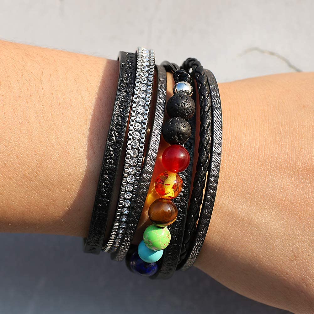 Vercret Leather Wrap Bracelet for Women - Lava Stone Chakra Multi-Layer Bracelets Magnetic Clasp Bangle Cuff Stacked Bracelet for lady and Mother