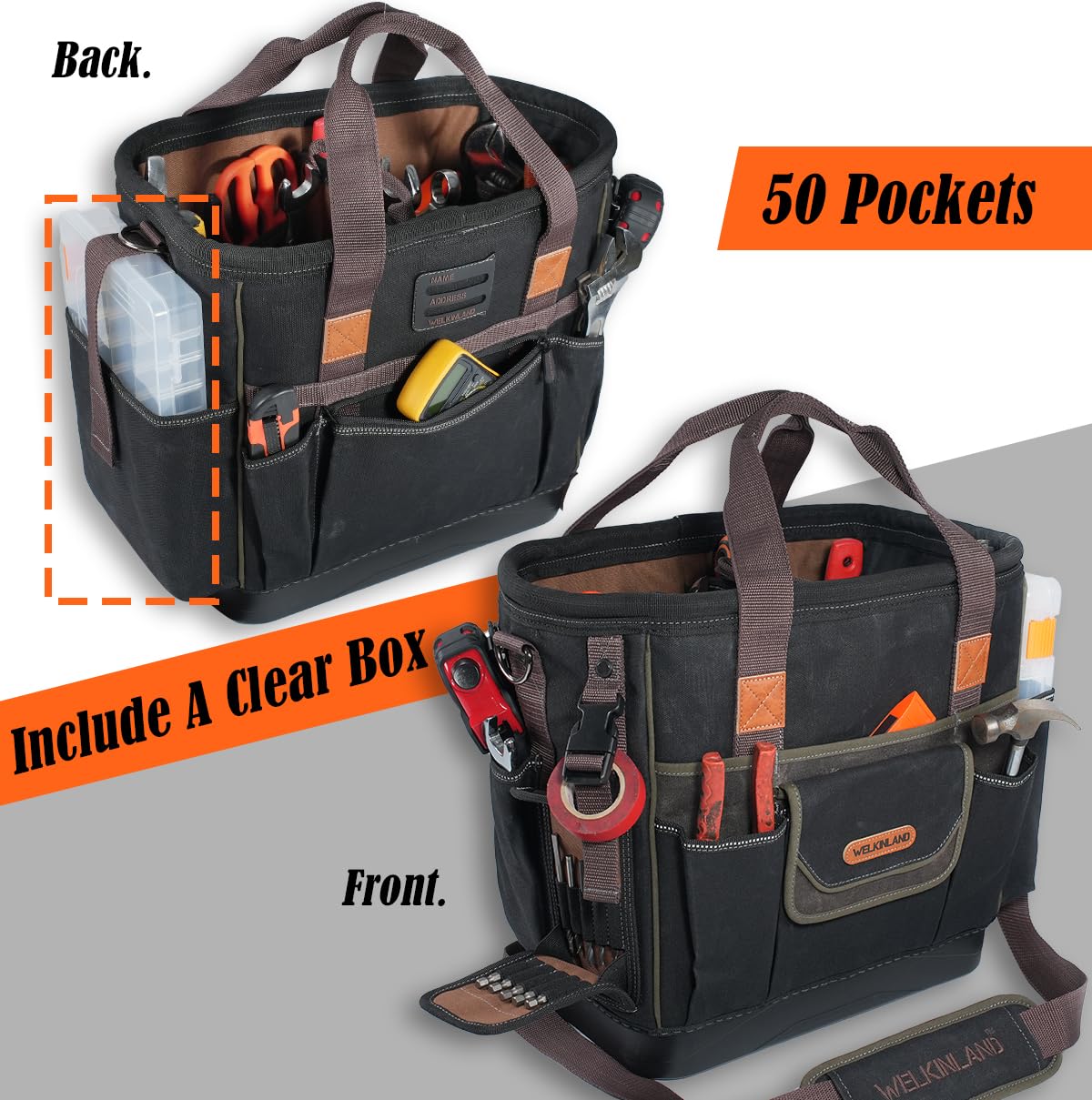 WELKINLAND 50-Pocket Electrician Tool Tote, Large Hard Bottom Tool Bag, Waxed-Canvas Tool Tote For Electrician, Heavy-Duty HVAC Service Bag, Easy-Access Open Top Tool Bag, Stay-Up Technician Tools Bag