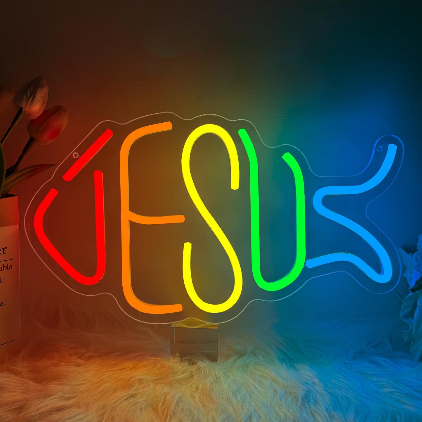 Jesus Neon Sign, Jesus Led Neon Light Signs for Wall Decor Christian Light up Sign Lamp Wall Art for Bedroom Home Christ Church Easter Religious Events Party Decor Dimmable USB Powered(15.4"*8.7")