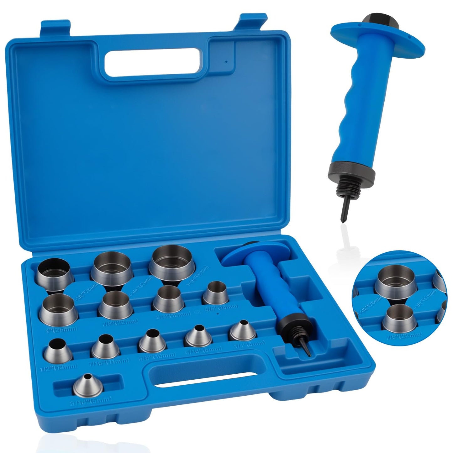 ReeMoo 14PCS Sharp Hollow Punch Set, Gasket Hollow Punch Kit, Rubber Hollow Hole Punch Set 3/16" to 1-3/8" for Leather, Rubber, Plastic, Gasket, Foam, with Handle