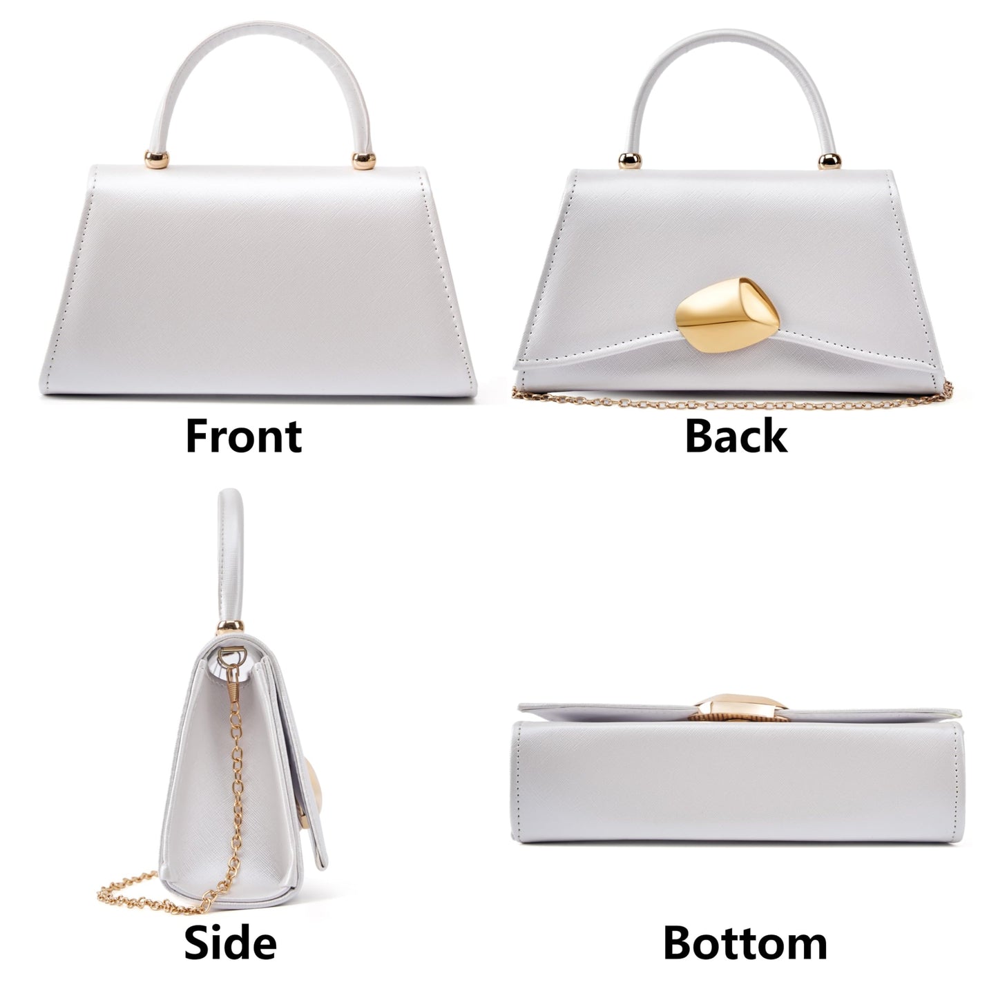 Gurina Designer Evening Handbag with Metal Handle, PU Leather Clutch Purse with Magnetic Buckle, Elegant Party Bag for Women (7OB White)