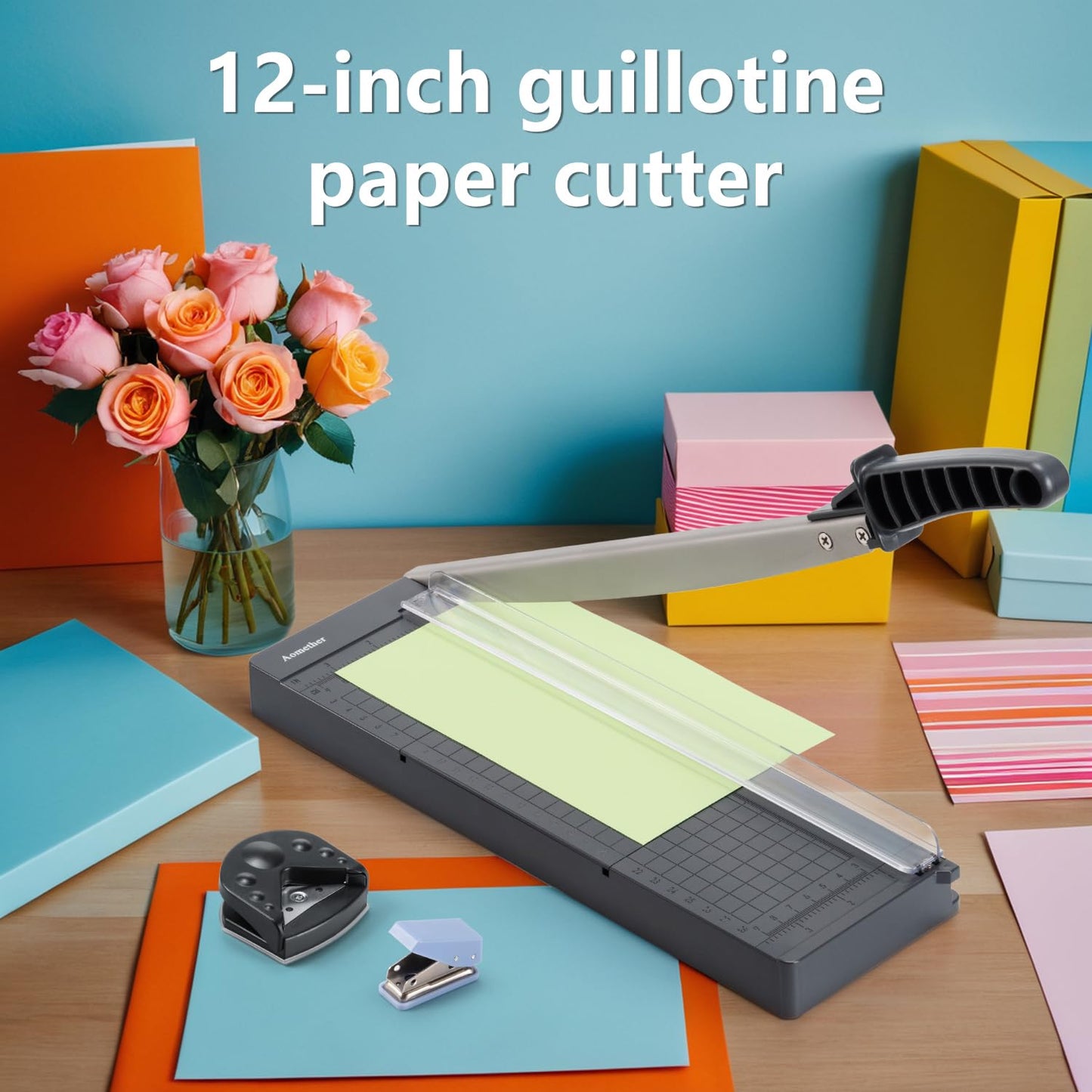 12" Guillotine Paper Cutter,Accurate Paper Trimmer Cutting with Safety Guard & Blade Lock, 8 Sheet Capacity, Portable Heavy Duty Paper Cutter for Cardstock,Label,Vinyl & Photos