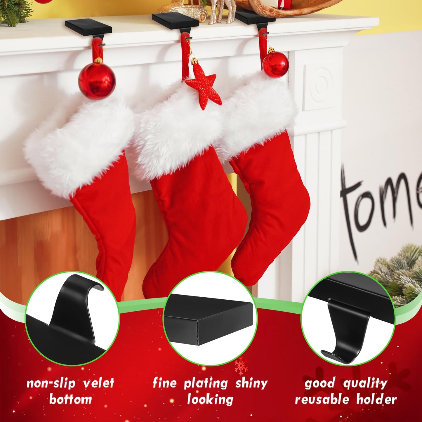 Zonon Christmas Stocking Holders for Mantle Heavy Duty Iron Stocking Hangers Hooks Mantel with Non-Slip Protective Pad, Mantle Garland Hanger for Fireplace Stair Home Shelf Decor (Black,4 Pcs)