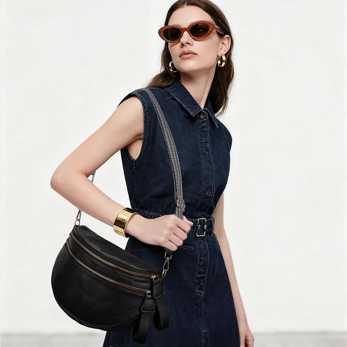 Leather Crossbody Fanny Pack Trendy Bum Bag Double Zip Multi Compartment with 2 Adjustable Straps Daily Belt Purse for Women