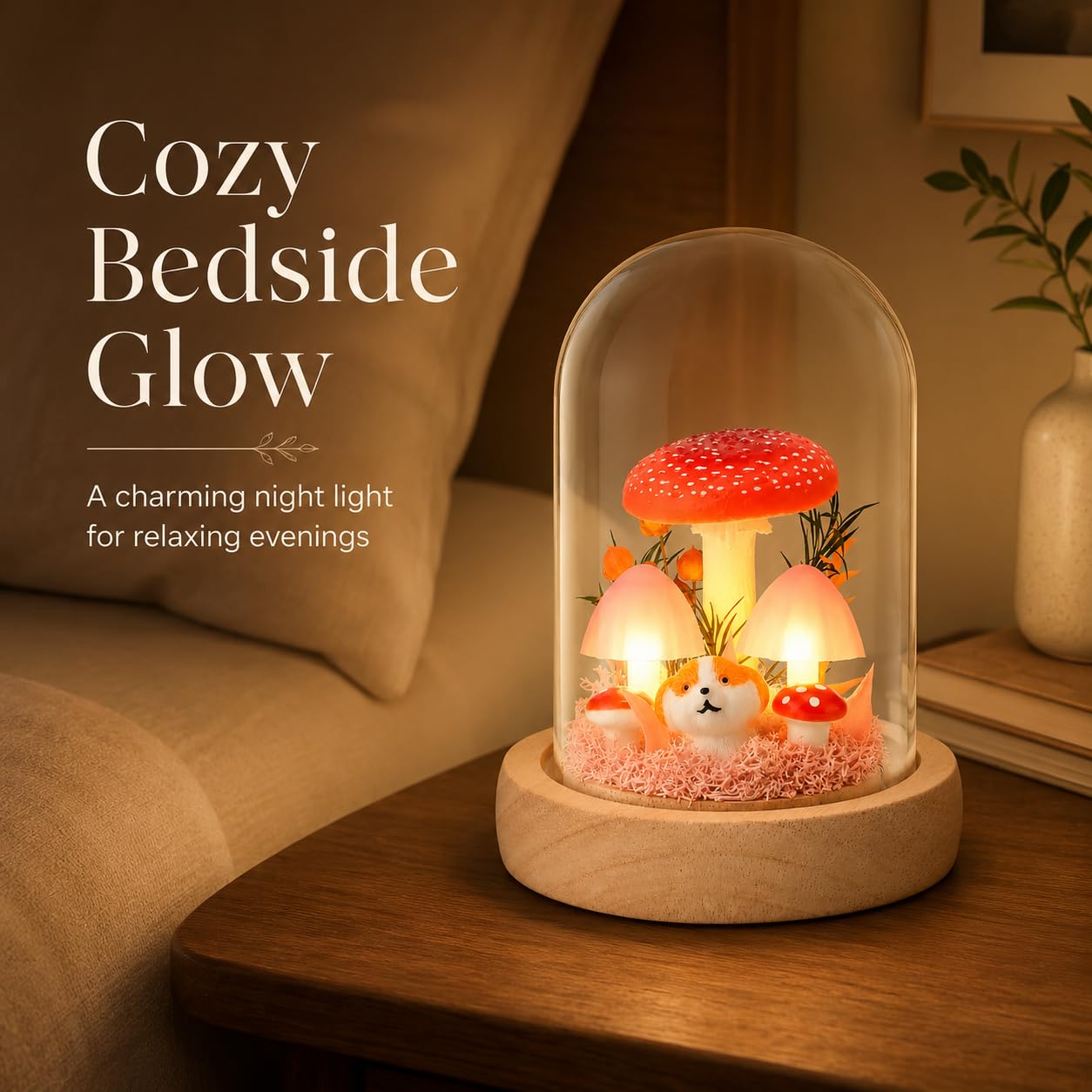 QUELIEN Mushroom Lamp in Glass Dome,Mushroom Gifts for Women - Warm White LED Night Light for Bedroom Decor,Birthday Party Decorations,Ideal Birthday Gift Valentines Gift