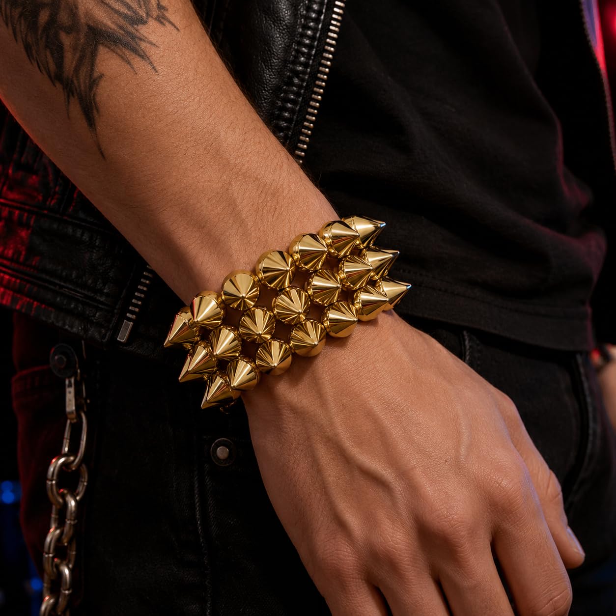Embtrem Gold Studded Spike Bracelet for Women, Punk Bracelets Wide Stretch Cuff, Gothic Studded Bracelet, Y2K Statement Street Style Jewelry for Festival Party Outfit