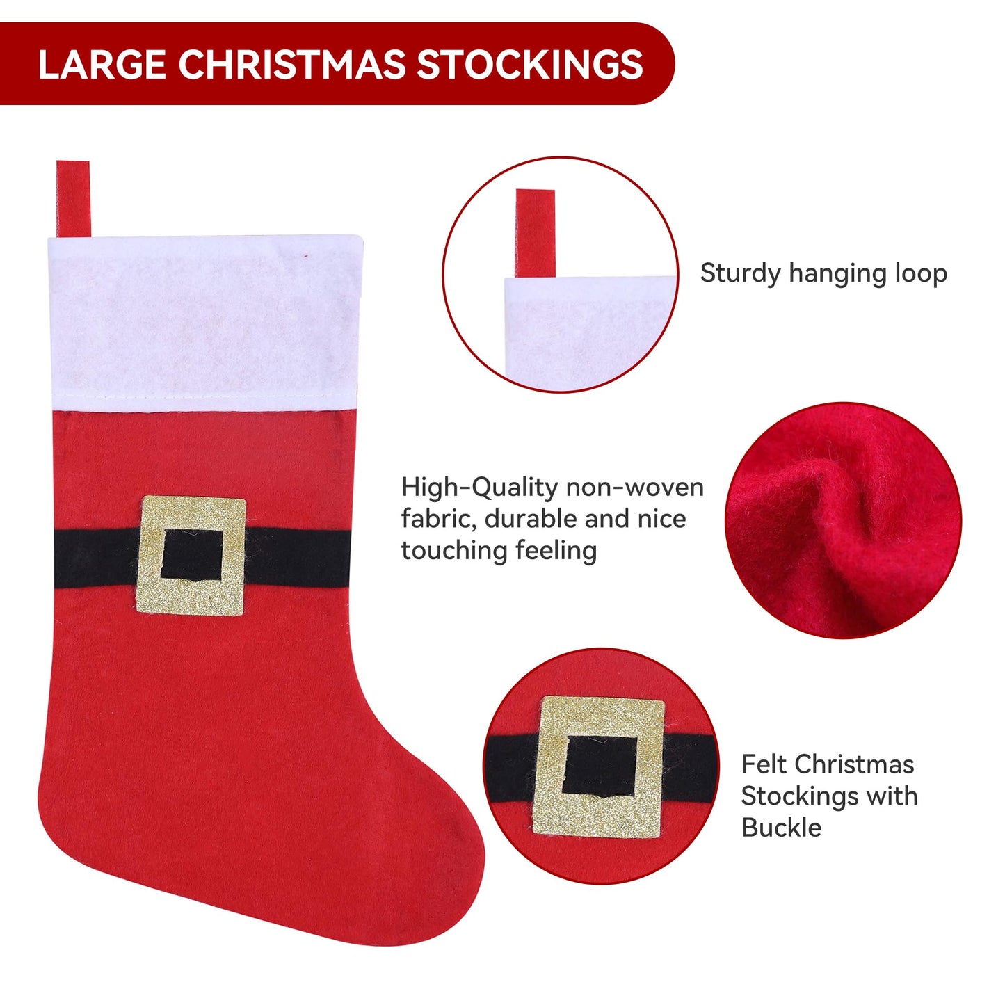 Tokforty 12 Pack Felt Christmas Stockings with Buckle, 19 Inches Red and White Christmas Stockings Hanging Ornaments, White Cuff with Buckle Christmas Stocking for Family Christmas Holiday Decorations