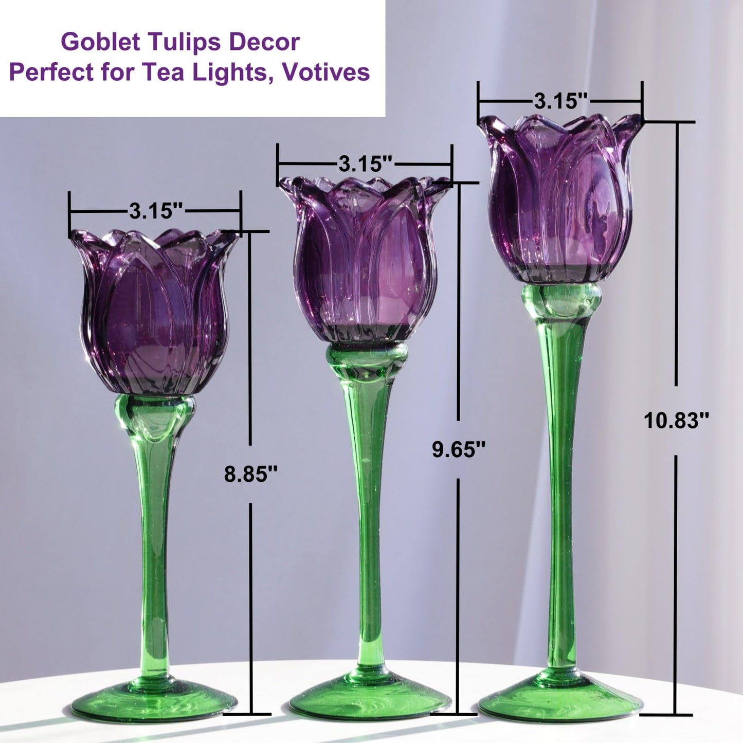 VOHO Purple Tulip Tealight Candle Holder Set of 3, Glass, Purple, Floral, Holidays, Wedding, Romance, Easter, Halloween, Thanksgiving, Christmas, Anniversary & Engagement, Tabletop, 3.15'' x 10.83''