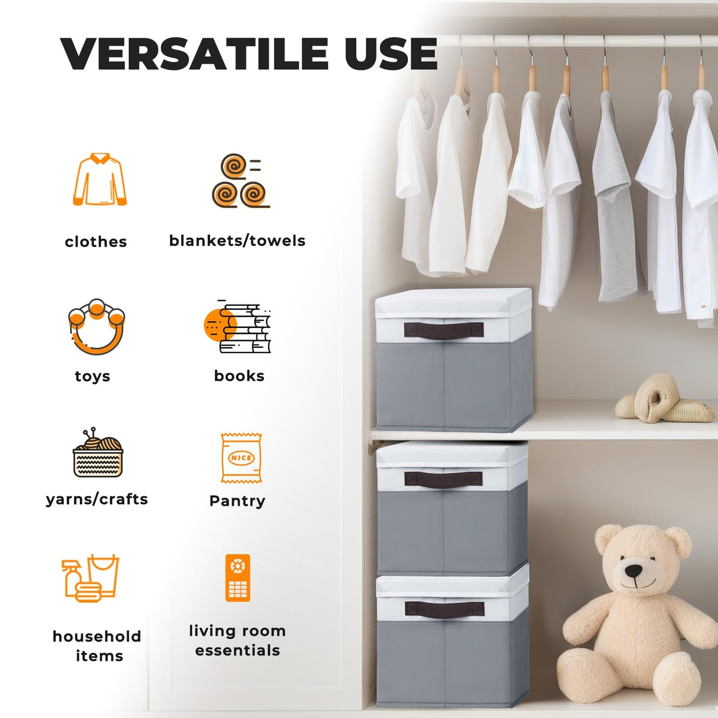 Large Closet Storage Baskets Bins with Lids 4 Pack, Storage Baskets for Organizing Shelves Nursery Bedroom, Home Dorm Closet Organizers Cubes for Clothes Toys Blanket Book - Stackable -14x10x9.5