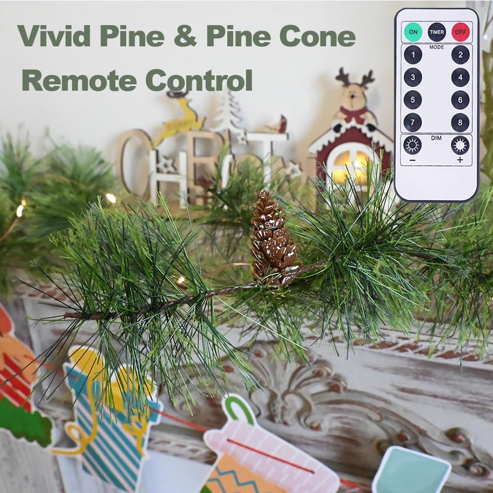 PALONMY Remote Christmas Smokey Pine Garland with Lights 6.56FT Garlands with Timer 30 LED Fairy Lights Battery Operated Garland Lights with Pinecones Christmas Pre-lit Light for Home