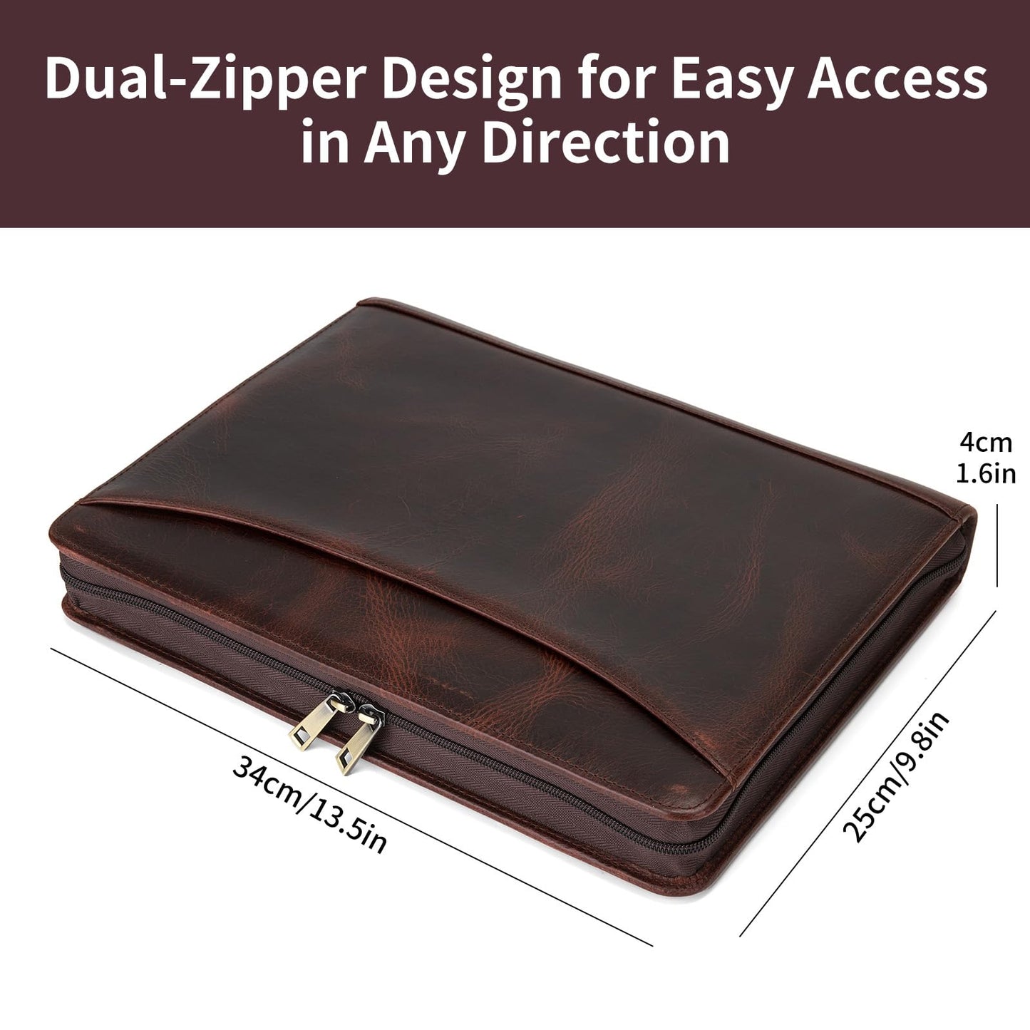 Geslun 3 Ring Binder Genuine Leather Portfolio, Front Pocket, 8.5 x 11 Legal Pad Padfolio for Men and Women, Zippered Notepad Laptop Organizer, Business Executive Work Folio, Dark Brown, Oil Tanned
