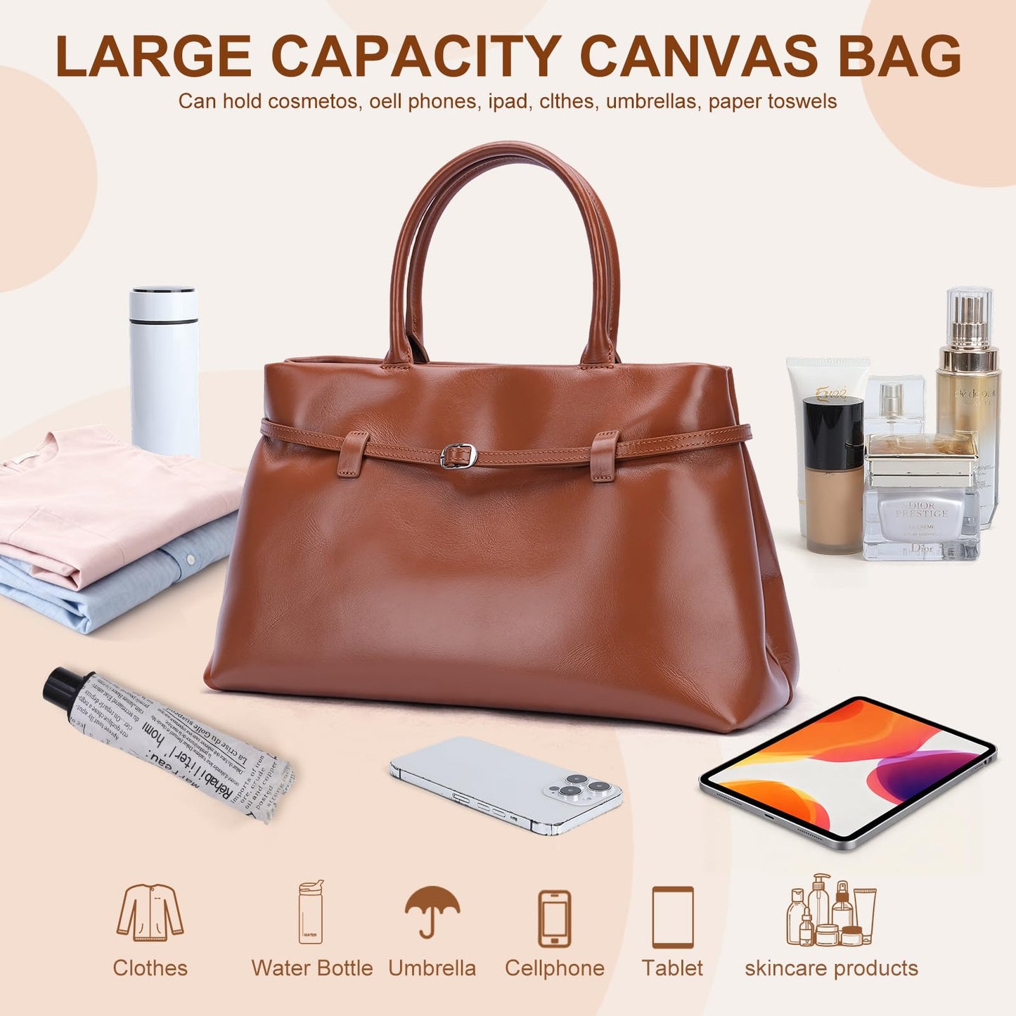 Masa Kawa Genuine Leather Tote Bag for Women with Long Strap, Waterproof Expandable Top-Handle Handbag, Shoulder Crossbody Bag for Daily Work, Caramel Brown