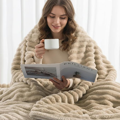 decorUhome Soft Fleece Light Brown Throw Blanket for Couch, Cozy Fluffy Plush Flannel Striped Blanket for Sofa Bed, Lightweight Decorative Ribbed Fuzzy Blanket for Woman, 50x60 Inches