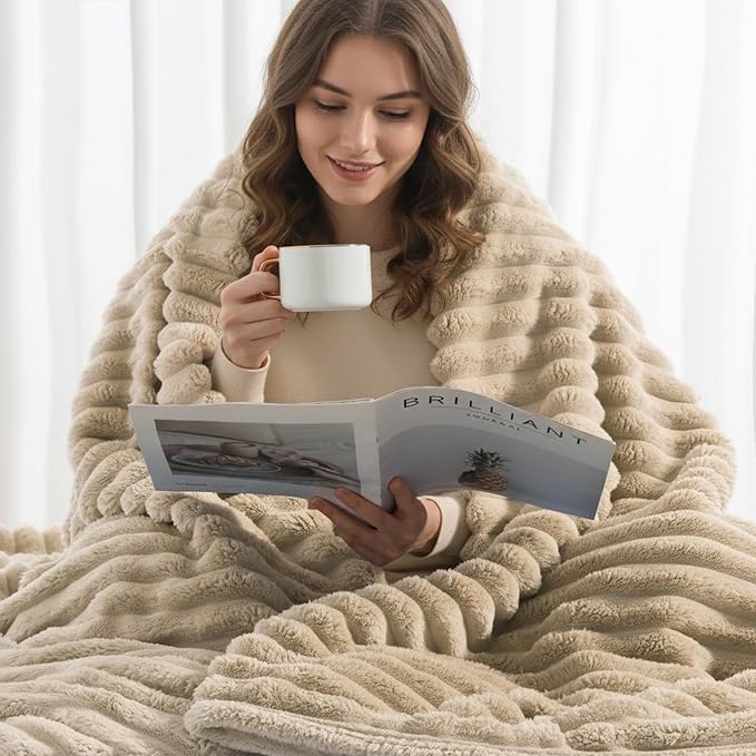 decorUhome Soft Fleece Light Brown Blanket Queen Size for Bed, Cozy Fluffy Plush Flannel Large Striped Throws for Couch Sofa, Lightweight Decorative Fuzzy Blanket for Woman, 90x90 Inches