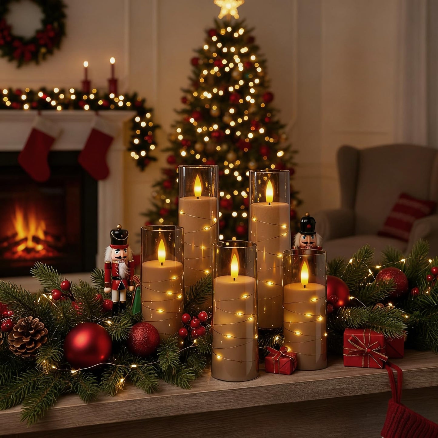 Raycare Flameless Candle with Remote Timer, 7 Flickering Acrylic Battery Operated LED Pillar Candles with Embedded Star String for Christmas, Home Decor, and as a Gift(Grey)